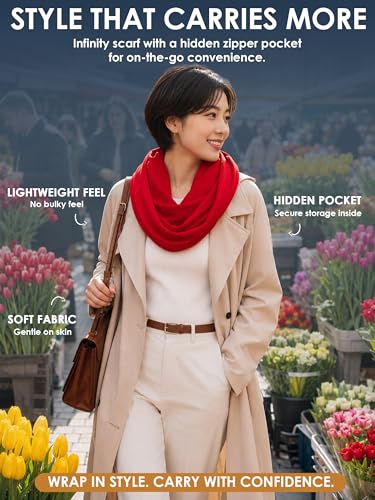 Pop Fashion Solid Color Hidden Zipper Pocket Scarf - Fashion Scarf for Women - All Seasons - color: Red