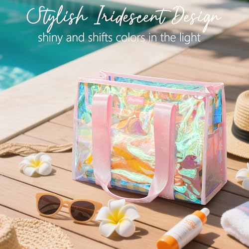Bagstellar Iridescent Beach Bag, Jelly Tote Bag with Phone Pouch Makeup Bag | Large Beach Bags Waterproof Sandproof, Zipper Beach Tote Clear Pool Swim Boat Bag for Women Summer Travel Cruise Essentials - color: Pink Sunset