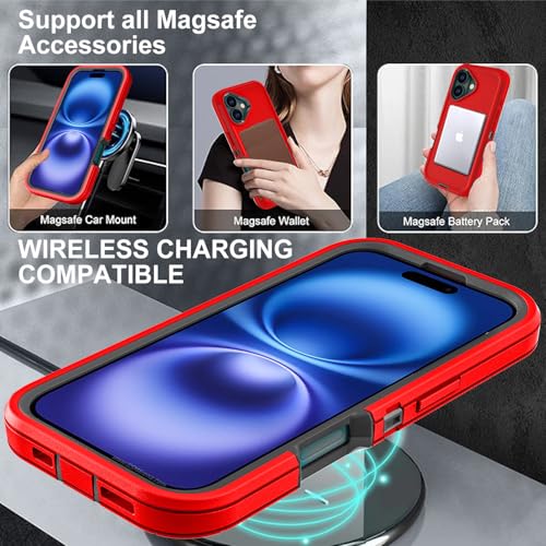 YKHJKLEC for iPhone 16 Case, Compatible with Magsafe, Military Grade 3 in 1 Heavy Duty Shockproof/Drop Proof/Dust Proof Case with 2Pcs Tempered Glass Screen Protector (New-Red/Black) - color: New-Red/Black