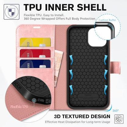 TUCCH Wallet Case for iPhone 13 (6.1") 2021, 3 Card Holders, Rose Gold | RFID Blocking, Viewing Stand, Shockproof TPU Shell, PU Leather, Magnetic Closure, Protective Folio Flip Cover - color: Pink