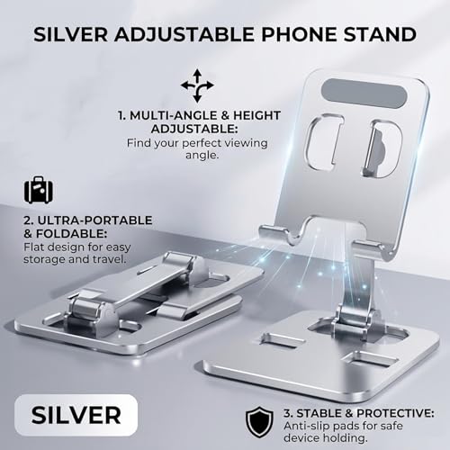 2-Pack Aluminum Alloy Phone Holder, Adjustable Foldable Stand for iPad mini, Smartphones, Desk & Travel - color: Silver