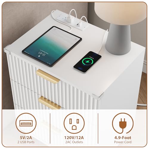 Lulive Wood Bedside Table w/Charging Station, 3 Drawers Fluted Dresser - color: White, size: 3 Drawers-Set of 1 Nightstand