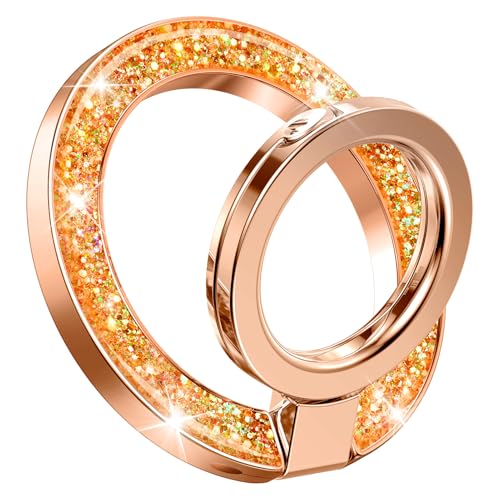 GVIEWIN Magnetic Phone Ring Holder, Compatible with MagSafe Phone Grip | Adjustable Stand, Magnet Phone Ring Kickstand, for iPhone 17/16/15/14/13/12 Pro Max Plus Air/Other Phones (Glitter/Orange) - color: Glitter/Orange