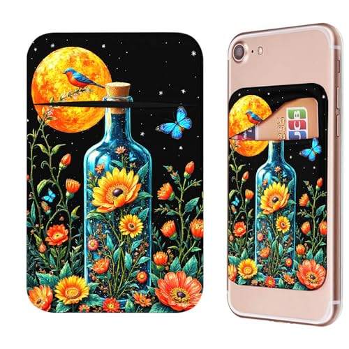 Phone Credit Card Holder Stick on, Cell Phone Pocket Self Adhesive Stretchy Stick on Wallet ID Credit Card Case Pouch Sleeve with Flap for All Smartphones, Drift Bottle Flowers Birds - color: Drift Bottle Flowers Birds