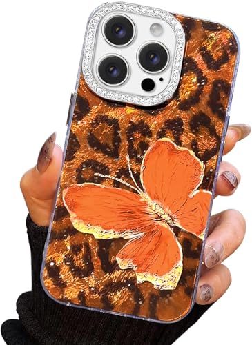 I-MGAE-IN-AR Compact Case for iPhone 12 Pro Max Butterfly Design,3D Diamond Camera Lens Protection Frame,Cute Soft Slim TPU Shockproof Protective Phone Cases Cover for Women Leopard Print Orange - color: Orange, size: iPhone 12 Pro Max