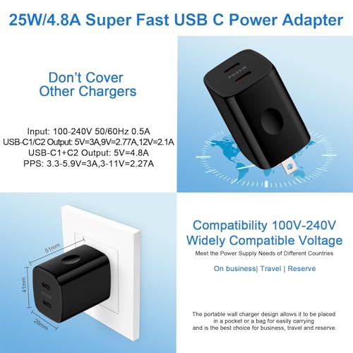 Charger Block 25W USB C Android Wall Charger Box 2 Port Super Fast Charging - color: Black
