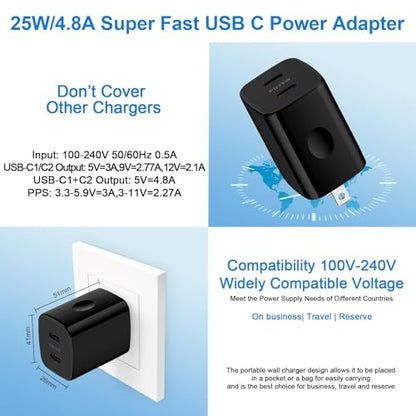 Charger Block 25W USB C Android Wall Charger Box 2 Port Super Fast Charging - color: Black