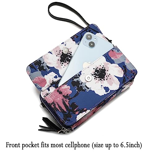 RFID Crossbody Wallet Wristlet Purse with Phone Pocket For Women Vegan Leather - color: Zi-rose Navy