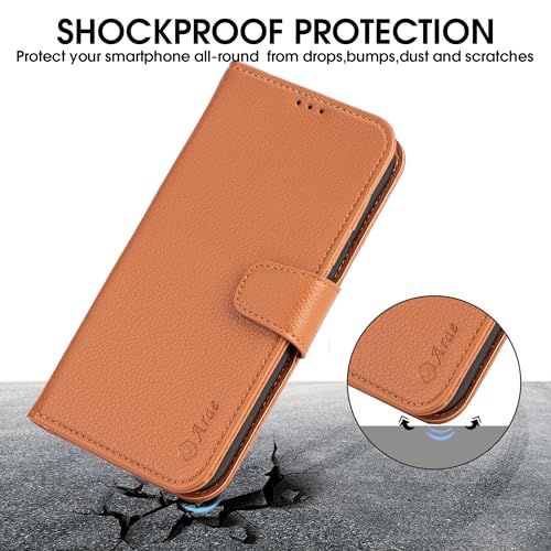 Arae Compatible with iPhone 15 Pro Max Case with Card Holder and Wrist Strap Wallet Flip Cover for iPhone 15 Pro Max 6.7 inch Men RFID Blocking Wristlet Kickstand,Light Brown - color: Litchi Light Brown, size: iPhone 15 Pro Max 6.7 inch