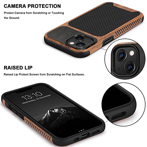 TENDLIN Magnetic Case Compatible with iPhone 13 Case Wood Grain with Carbon Fiber Texture Design Leather Hybrid Slim Cover (Compatible with MagSafe) Black - color: Magnetic Black
