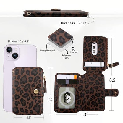 M-Plateau RFID Blocking Phone Wallet Stick on Leopard Print With Sticker | Wallet for Women Card Holder for Phone case with Snap Closure Zipper Pocket 6 Card Slots (Compatible with Most Smartphones) - color: Leopard