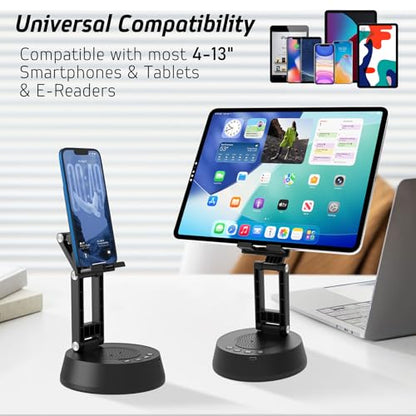 Cell Phone Stand with Wireless Bluetooth Speaker,Adjustable Height and Angle Phone Stand for Desk, HD Stereo Sound & Anti-Slip Base Phone Holder Speaker Compatible with iPhone,Gifts for Men Women