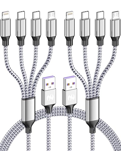4 in 1 Multi Charging Cable 4ft 2 Pack,Braided MFi Certified Charger Cable - color: Silver White-4ft-2Pack