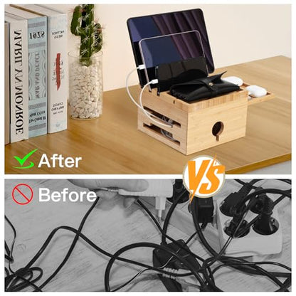 Bamboo Charging Station Organizer, with 5-Cables, No USB Charger - color: With Cables