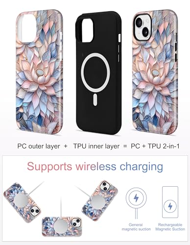 Jusy Magnetic Stained Glass Floral Case for iPhone 15 Pro, Pink Lotus | Compatible with MagSafe, Cute Aesthetic Flower Design, TPU and PC Protective Phone Cover - color: Pink Lotus