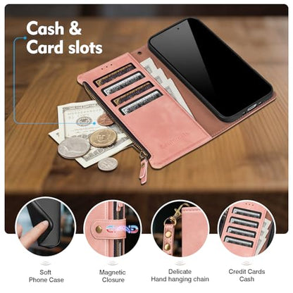 Compatible with iPhone 17e / 16e Wallet Case with Card Holder RFID Blocking Zipper Poket PU Leather Flip Phone Case with Wrist Strap Credit Card Slots Men Women,Rose Pink - color: Rose Pink