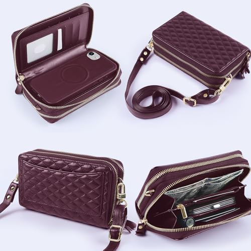 Harryshell Compatible with iPhone 16e 17e Case Wallet Multi Zipper Detachable Removable Cover with RFID Blocking Card Slots Holder Mirror Crossbody Strap (Compatible with Magsafe - Quilted Burgundy) - color: Compatible with Magsafe - Quilted Burgundy, siz