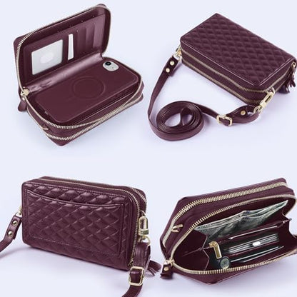 Harryshell Compatible with iPhone 16e 17e Case Wallet Multi Zipper Detachable Removable Cover with RFID Blocking Card Slots Holder Mirror Crossbody Strap (Compatible with Magsafe - Quilted Burgundy) - color: Compatible with Magsafe - Quilted Burgundy, siz
