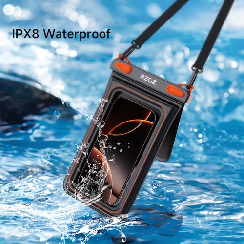 pzoz Waterproof Phone Pouch Universal Case Double Bag Easy Lock & Heavy Duty IPX8 for iPhone/Samsung/Airpods/Apple Watch/Cigarettes/lighters/Keys/Card Dry Protector Waterproof Storage Black-Orange