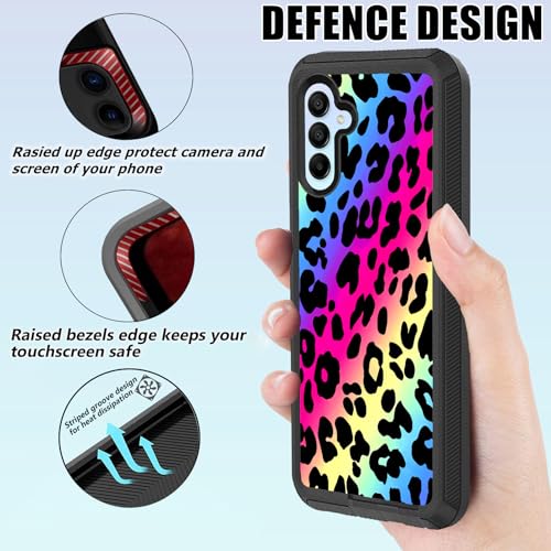Compatible Samsung Galaxy A15 5G Case - Cute Neon Leopard Cheetah Rainbow with Screen Protector for Women Girls - Military Grade Protection - Heavy Duty Shockproof 6.5 inch - color: Rainbow Leopard