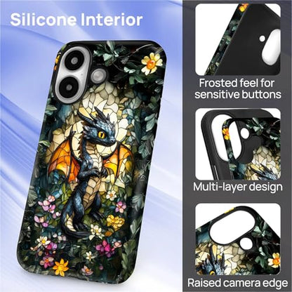 Case for iPhone 16,Drop Protection Hybrid 2-Layer Hard Phone Cover-Stained Glass Black Dragon - color: Stained Glass Black Dragon, size: iPhone 16