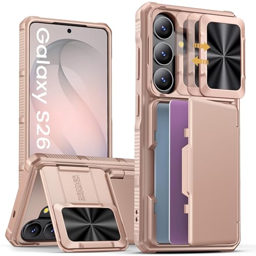 SSLOTSCASE for Samsung Galaxy S26 Wallet Case with Stand, Sliding Camera Cover & Raised Edges Protection & Card Holder [RFID Blocking], Rugged Shockproof Phone Cover Case for Galaxy S26, Rose Gold - color: Gold, size: S26