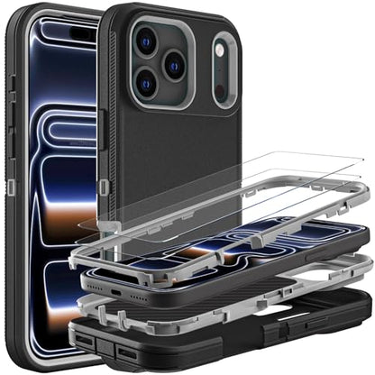 YKHJKLEC for iPhone 17 Pro Case, Military Grade 3 in 1 Heavy Duty Shockproof/Drop Proof/Dust Proof Case with 2Pcs Tempered Glass Screen Protector (Black/Grey) - color: Black/Grey