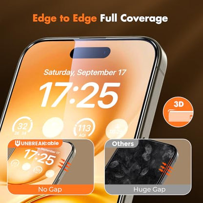 UNBREAKcable 3-Pack Screen Protector for iPhone 15 Pro, Double Shatterproof Tempered Glass [Easy Installation Frame] [9H Hardness] [Full Coverage] [HD Clear] for iPhone 15Pro 6.1 inch - size: iPhone 15 Pro
