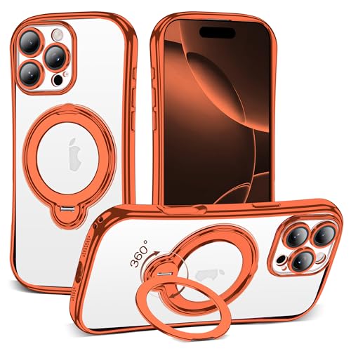 Clear Phone Case for iPhone 16 Pro Max 6.9", Orange | Compatible with iPhone 16 Pro Max Case with 360° Rotatable Magnetic Ring Stand Camera Lens Protector Plating Mag-safe Case - color: Orange, size: Iphone 16 Pro Max