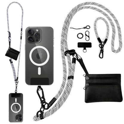 Newlibery Phone Lanyard Crossbody Wrist Strap, Clip and Go Strap for Phone with Wallet, Adjustable Anti-Theft Cell Phone Strap for All Phones (Black-White Lanyard + Black Wallet) - color: Black and White Stripes