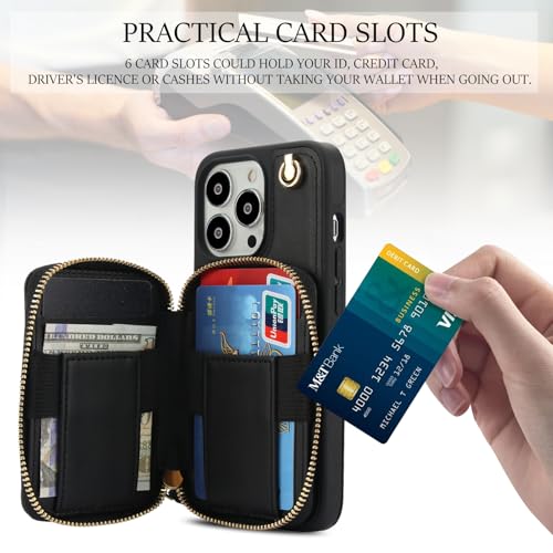 Phone Case for iPhone 14 Pro 6.1 inch Wallet Cell Cover with Tempered Glass Screen Protector Wrist Crossbody Strap RFID Blocking Card Holder iPhone14Pro 5G i i-Phone i14 iPhone14 4 14Pro Women Black - color: Black