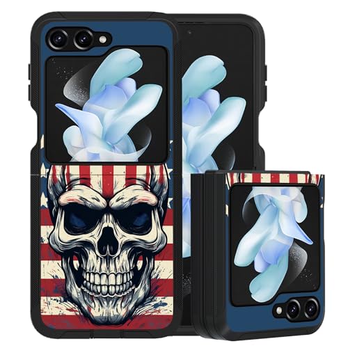 for Samsung Galaxy Z Flip 5 Case, Heavy Duty Dual Layer Hybrid Military Grade Shockproof Drop Folding Protective Cover for Samsung Galaxy Z Flip 5 5G 2023, American Flag Skull - color: American Flag Skull