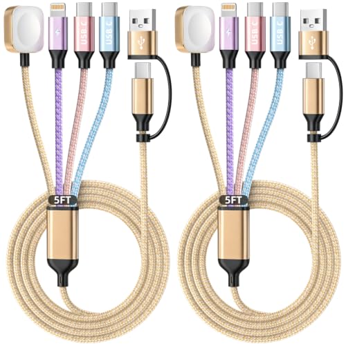 Camping Essentials 4in2 Multi Charging Cable for Apple Watch Charger 5FT2PK - color: Light Golden&Purple&Pink&Blue, size: AC to 2C+L+iWatch