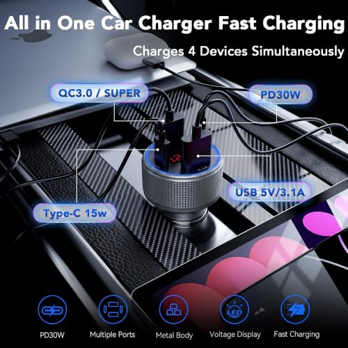 4-Port USB C Car Charger Fast Charging, 78W Metal Car Phone Charger - color: Grey-1Pc