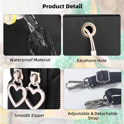 Small Crossbody Bag for Women, Multi Zip Pockets Nylon Wallet Purse Credit Card Holder with Detachable Hand Strap - color: Black