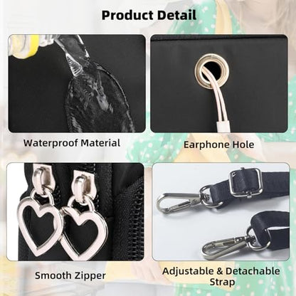 Small Crossbody Bag for Women, Multi Zip Pockets Nylon Wallet Purse Credit Card Holder with Detachable Hand Strap - color: Black