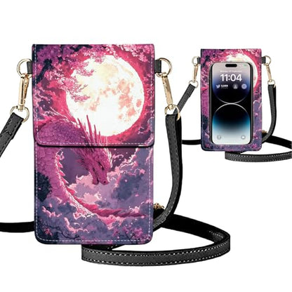Small Crossbody Bags for Women Touchscreen Cell Phone Bag Cross Body Purses with adjustable Strap,Gifts For Teenage Girls - color: Pink Dragon & Full Moon