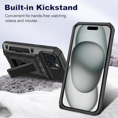 SAMONPOW for iPhone 15 Case with Card Holder [4 Cards] & Kickstand, Black - size: for iPhone 15