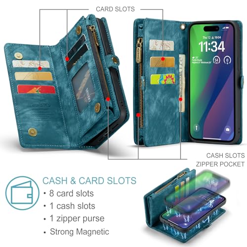 Compatible with iPhone 15 Wallet Case with Magsafe,Blue | Magnetic Detachable Case,Card Holder,Zipper Pocket,Strap Wristlet, Soft Leather Drop-Proof Phone Case for iPhone 15 6.1" - color: Blue, size: iPhone 15 6.1"