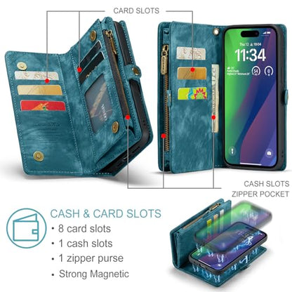 Compatible with iPhone 15 Plus Wallet Case with Magsafe,Blue | Magnetic Detachable Case,Card Holder,Zipper Pocket,Strap Wristlet, Soft Leather Drop-Proof Phone Case for iPhone 15 Plus - color: Blue, size: iPhone 15 Plus 6.7"