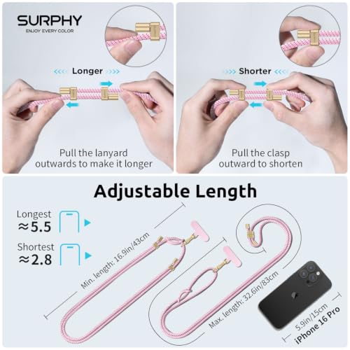 SURPHY Phone Lanyard Crossbody, Phone Strap Crossbody with 2 Tether Tabs - color: Blush Speckle