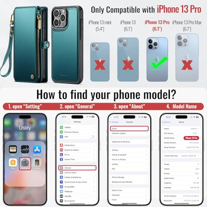 Defencase for iPhone 13 Pro Case Wallet Compatible with Magsafe, Blue Green | Drop-Proof Magnetic Detachable Phone Cases Cover, with RFID Bolcking Card Holder, Zipper Strap, PU Leather, Removable Wallet - color: (Detachable with Magsafe)-Blue Green