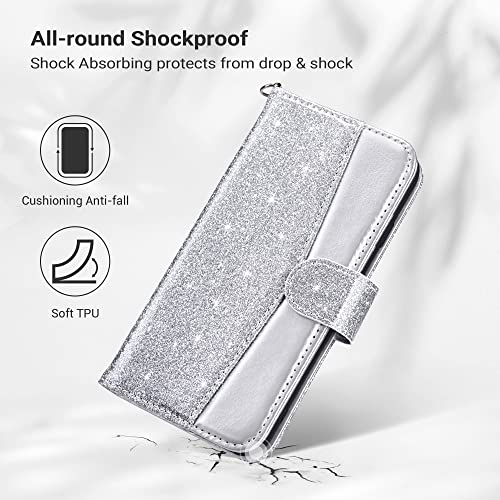 ULAK for iPhone SE 3(2022)/SE(2020)/8/7 Wallet Case Card Holder, Silver | Premium PU Leather Flip Case with Kickstand Card Slots,RFID Blocking,Wrist Strap, Durable Shockproof Cover 4.7 Inch - color: Silver