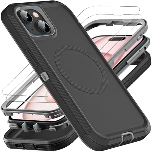 YKHJKLEC for iPhone 15 Case, Compatible with Magsafe, Military Grade 3 in 1 Heavy Duty Shockproof/Drop Proof/Dust Proof Case with 2Pcs Tempered Glass Screen Protector (New-Black/Grey) - color: New-Black/Grey