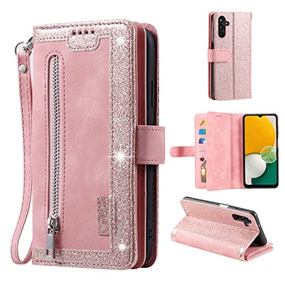 EYZUTAK Wallet Phone Case for Samsung Galaxy A15 4G/5G, Retro Matte 9 Card Holder Slots Zipper Pocket Handbag Case PU Leather Magnetic Closure Kickstand with Wrist Strap Flip Purse Case - Rose Gold - color: Rose Gold, size: Samsung Galaxy A15 4G/5G