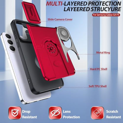 Dizn for Samsung Galaxy S25 FE Case:[Not Fit Samsung S25+] with Slide Camera Cover,360°Ring Stand,Lanyard,[2 Pcs] Explosion-Proof Film,Military-Grade Shockproof Protective,for Samsung S25 FE,Red - color: Red