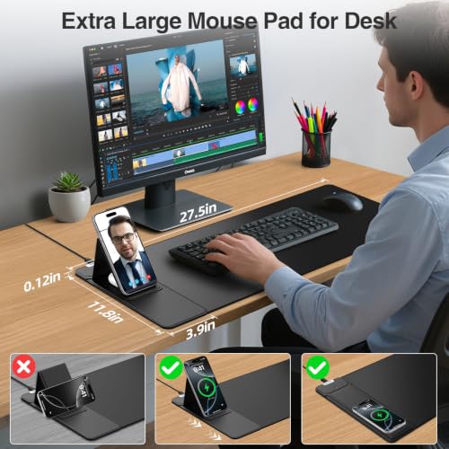 Mouse Pad with Wireless Charging & Foldable Phone Holder, 27.5"x11.8" Black - color: Black-Phone Holder-27.5"x11.8"