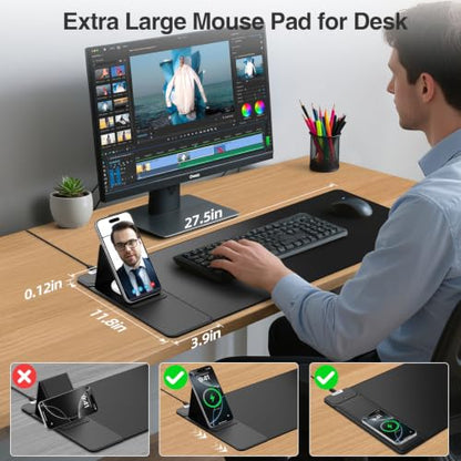 Mouse Pad with Wireless Charging & Foldable Phone Holder, 27.5"x11.8" Black - color: Black-Phone Holder-27.5"x11.8"