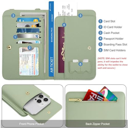 DOB SECHS Leather Passport Wallet Crossbody Phone Bag, RFID Blocking Passport Holder Credit Cards Case for Women - color: Green-2