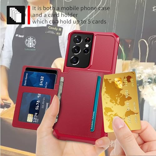 Wallet Case for Samsung Galaxy S21 Ultra, Compatible with Magnetic Car Mount, Heavy Duty Shockproof Rugged Soft TPU Back Leather Flip Credit Card Holder Cover 6.8 inch, Red | Compatible with Magnetic Car Mount, Shockproof Rugged Soft TPU Hard Back Leather